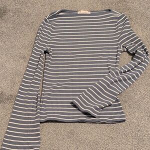 Loft Blue And White Striped Bell Sleeve Boatneck Top Size Small